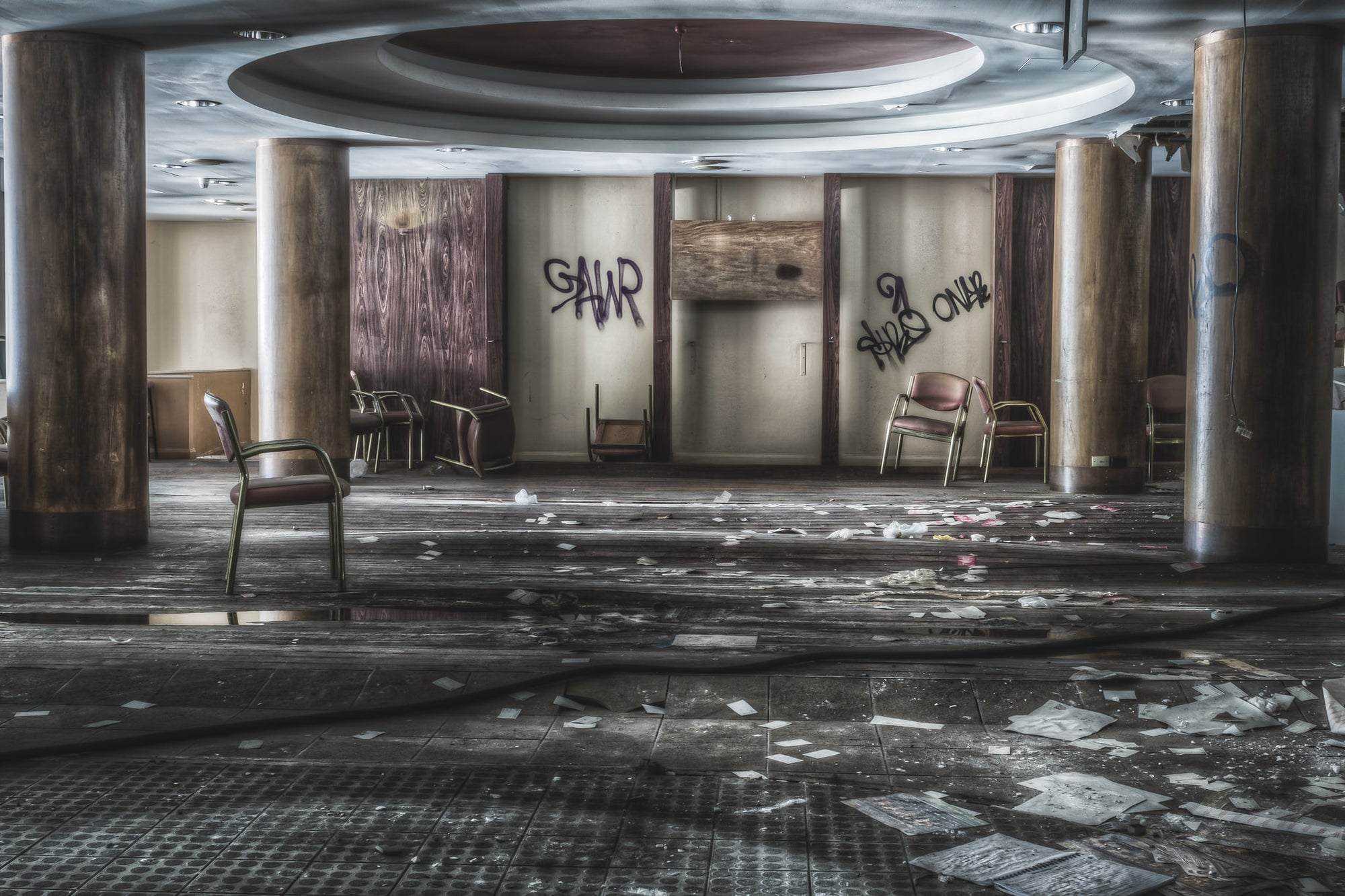 Restaurant at Balmain Leagues Club, years of rain water leaking onto the floorboards have caused them to warp and undulate.