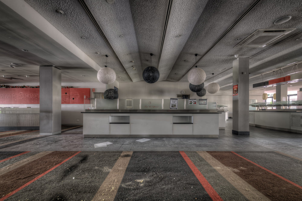 Buffet at Bankstown RSL, a stainless steel servery counter sits empty at the centre of the room.