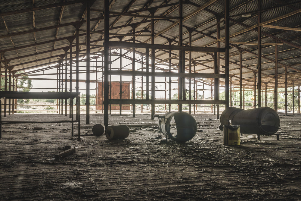 Top Holding Area at Blayney Abattoir, steel columns support a wide corrugated roof over a dirt floor thick with dried mud.