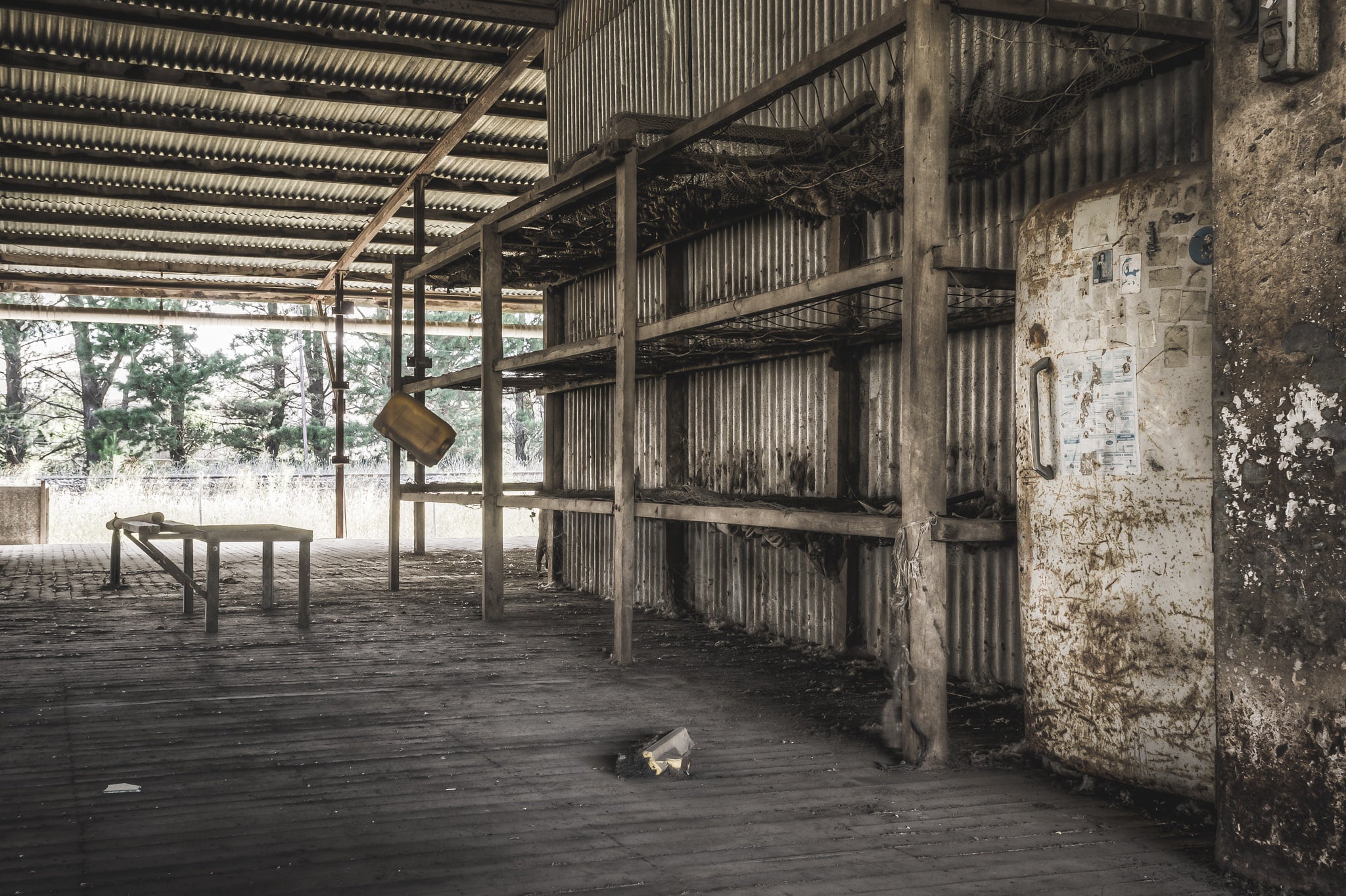 Train Line at Blayney Abattoir, corrugated iron roofing stretches over a timber-framed open bay.
