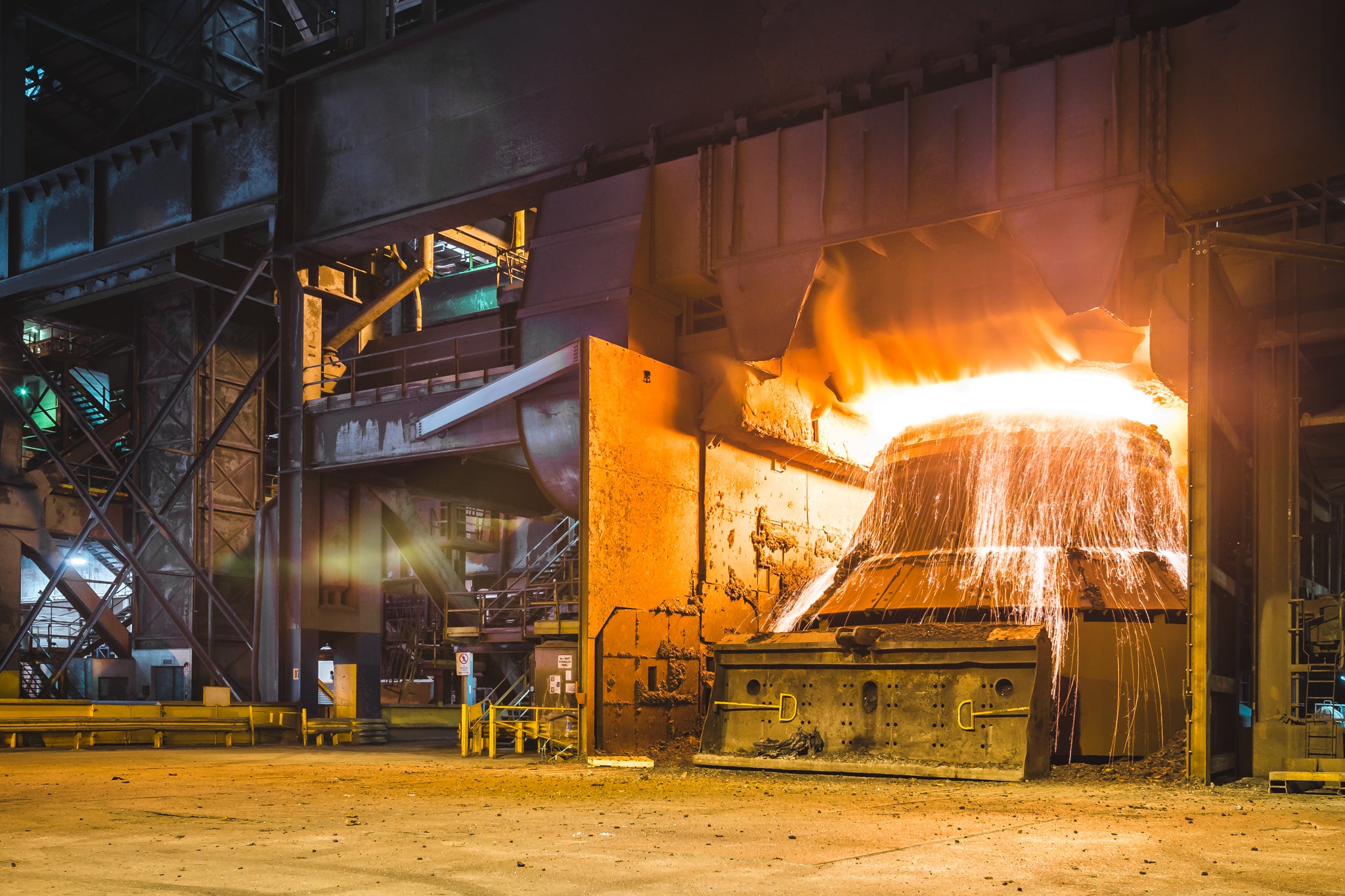 BOS Vessel at BlueScope Port Kembla, pure oxygen is blasted into the molten iron to remove impurities to convert the iron.