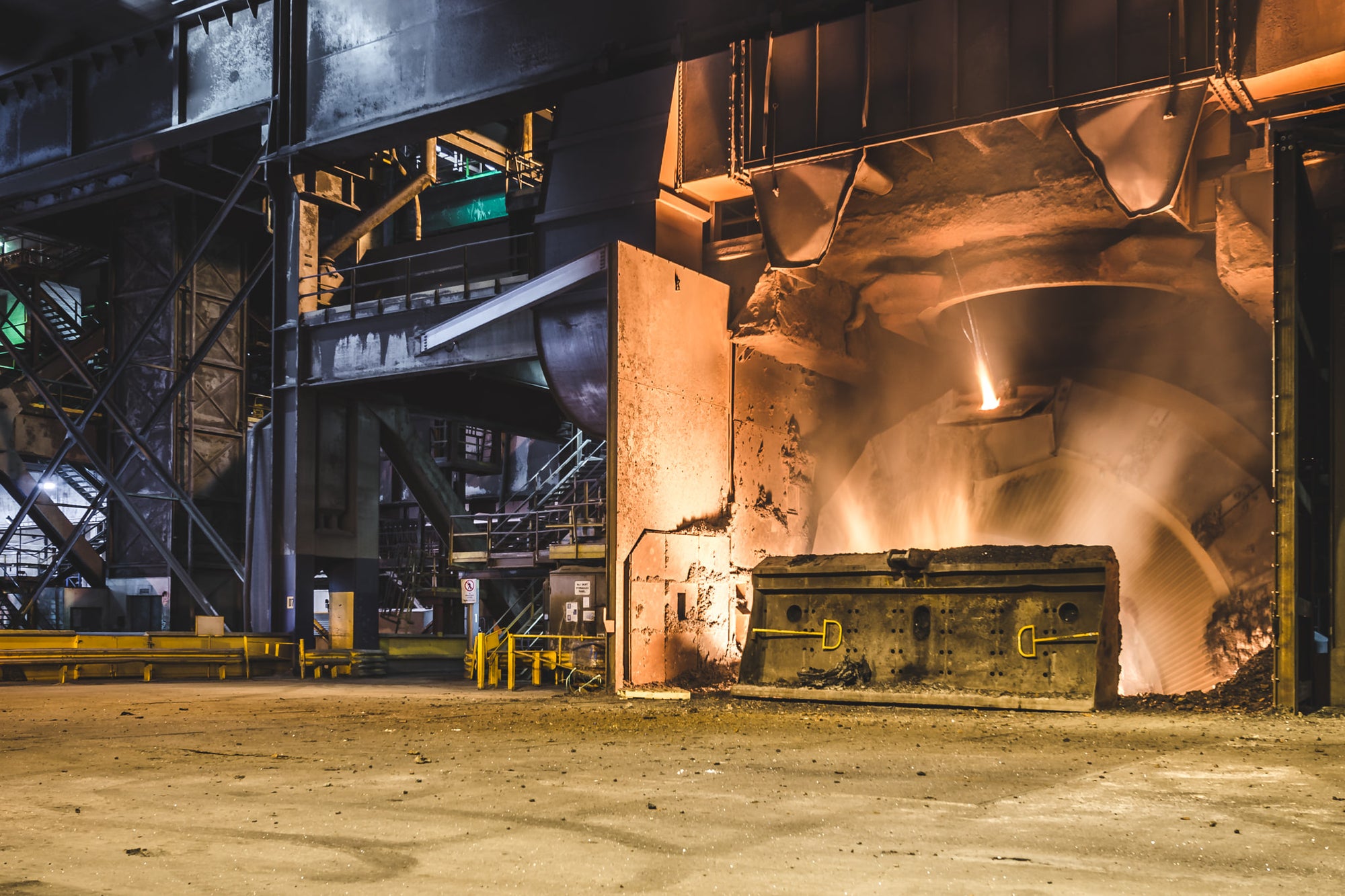 Tipping Slag at BlueScope Port Kembla, the BOS Vessel tipping the slag after tapping the steel.