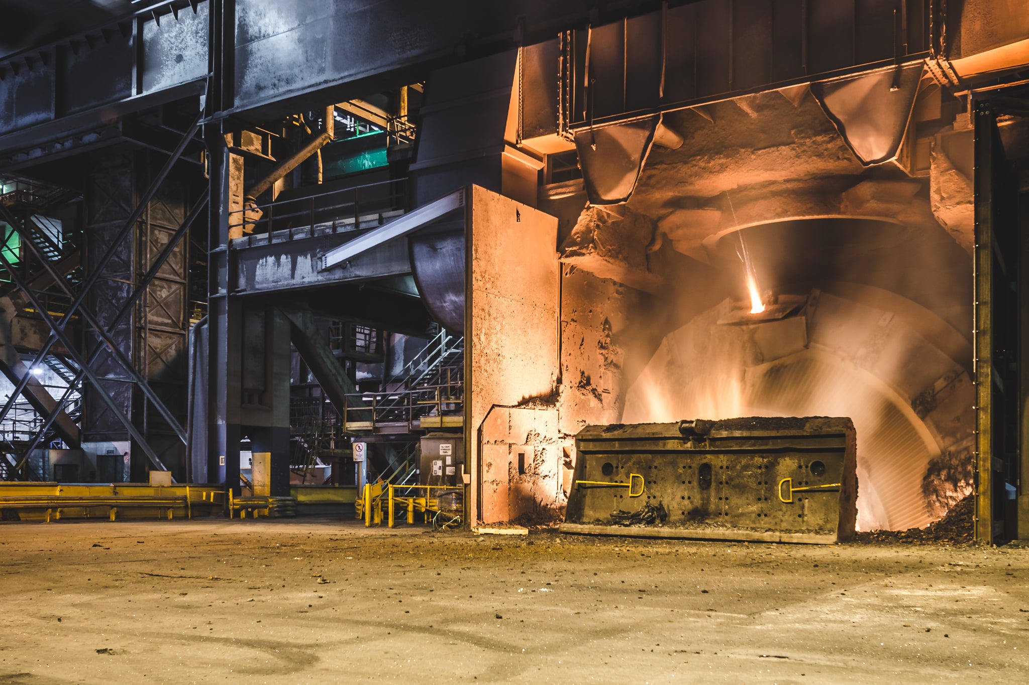 Tipping Slag at BlueScope Port Kembla, the BOS Vessel tipping the slag after tapping the steel.