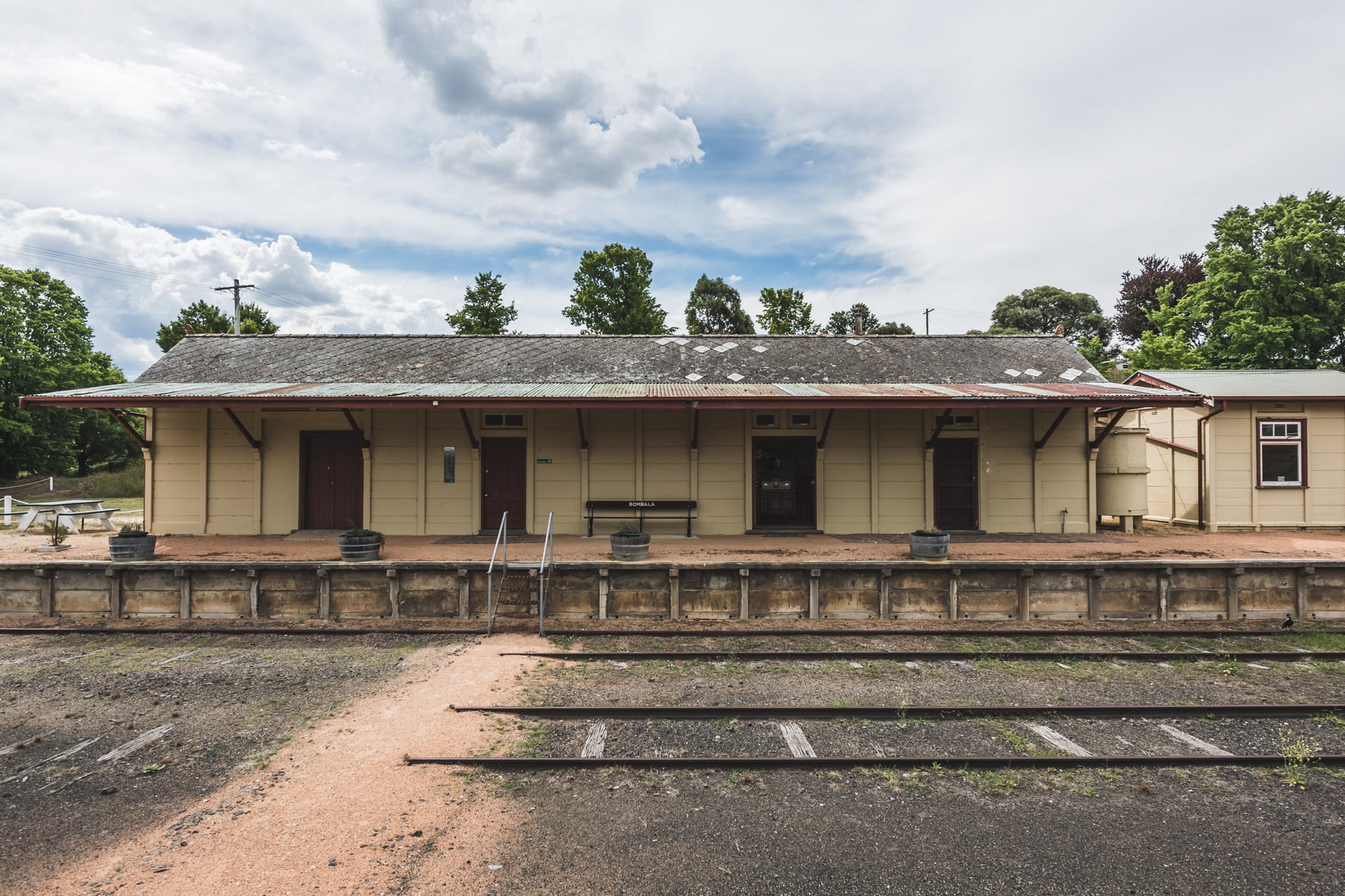 Station Platform at Bombala Station, only one of the three station seats remain.