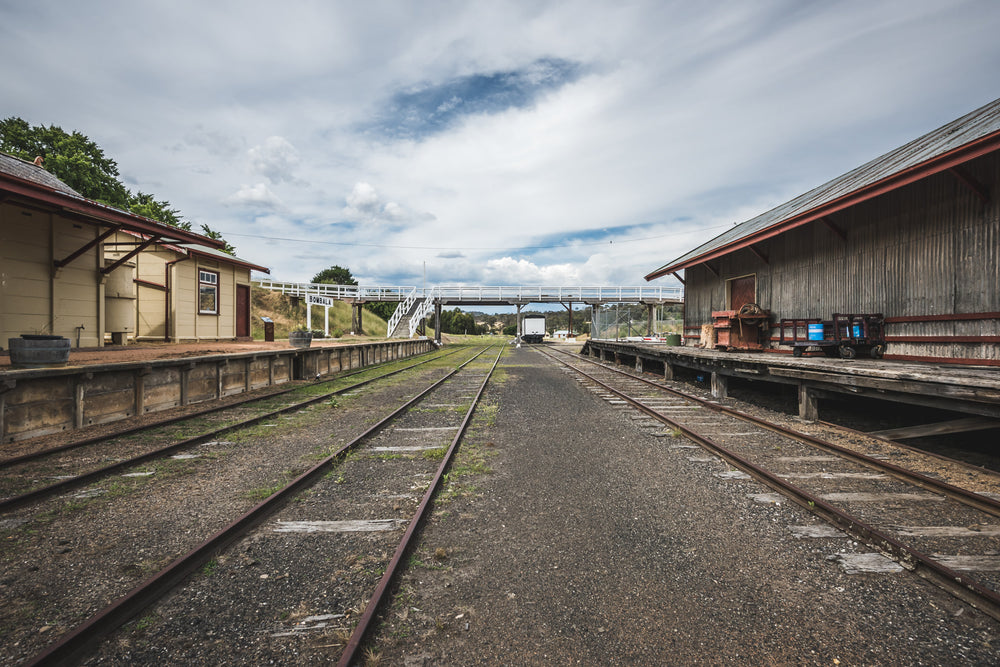 Upline From Station at Bombala Station, two sets of rails run straight between platforms at Bombala Station.