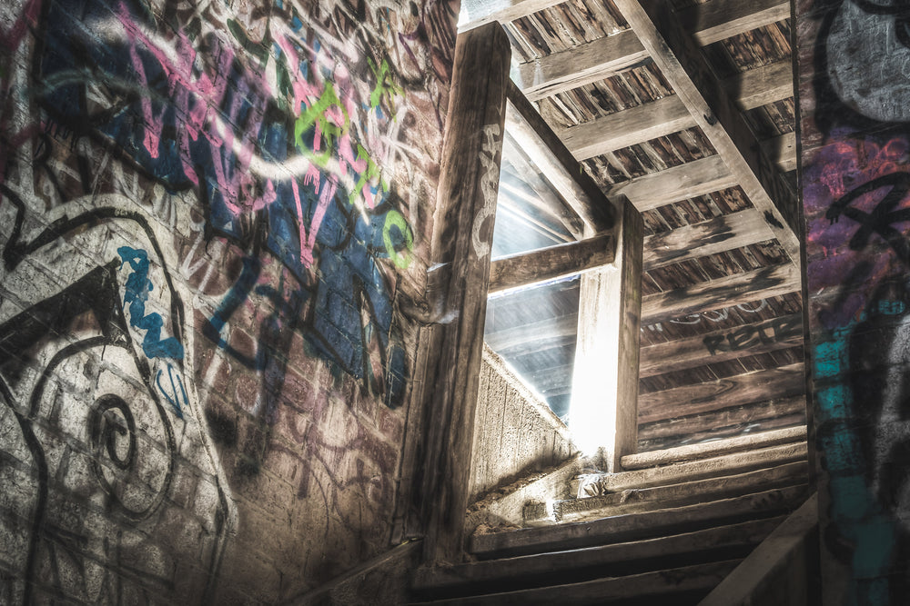 Lit Stairs at Box Hill Brickworks, a stairway leading up to the upper levels of the brickworks.
