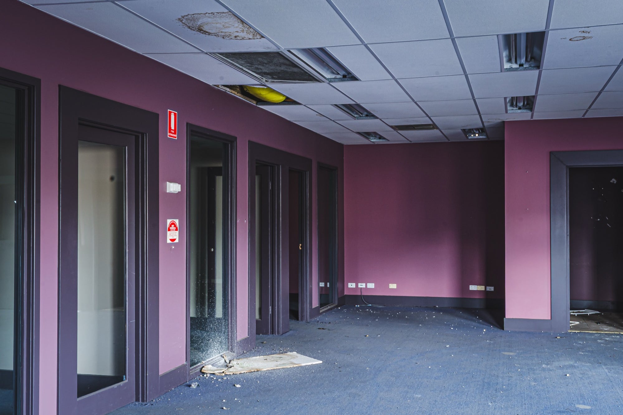 Empty office corridor at the former Bradmill factory in Yarraville, with mauve walls, grey carpet, glazed timber-framed doorways, a damaged suspended ceiling, and a red fire safety sign on the wall.