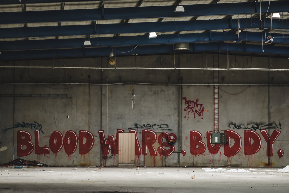 Blood Wars Buddy at Bradmill Denim, deep red block letters stretch across a concrete tilt-panel wall.