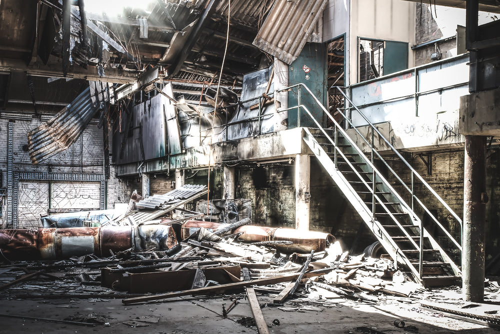 Fire Damage at Bradmill Denim, a section of the factory where the roof has collapsed due to fire damage.