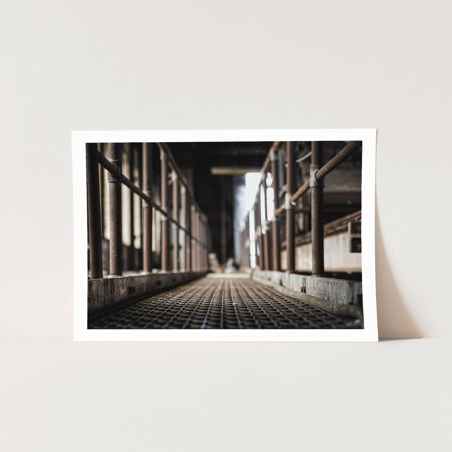 A grated metal walkway recedes into shadow inside the former Davies Coop / Bradmill factory at Yarraville, flanked by rusting tubular handrails, with strips of daylight falling through narrow wall gaps on the right.