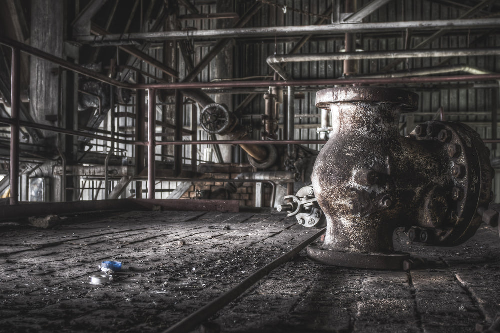 T Section at Bradmill Denim, a heavy cast-iron pump valve sits bolted to the brick floor, its flanged body thick.