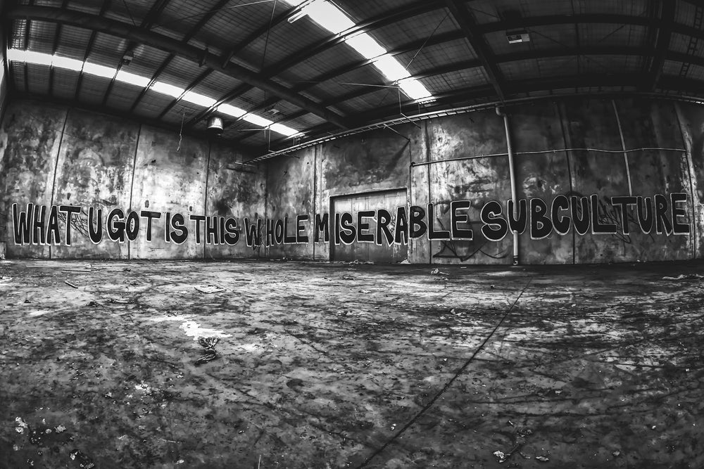 What You Got Is This Whole Miserable Subculture at Bradmill Denim, someone took the time to paint this across the full.