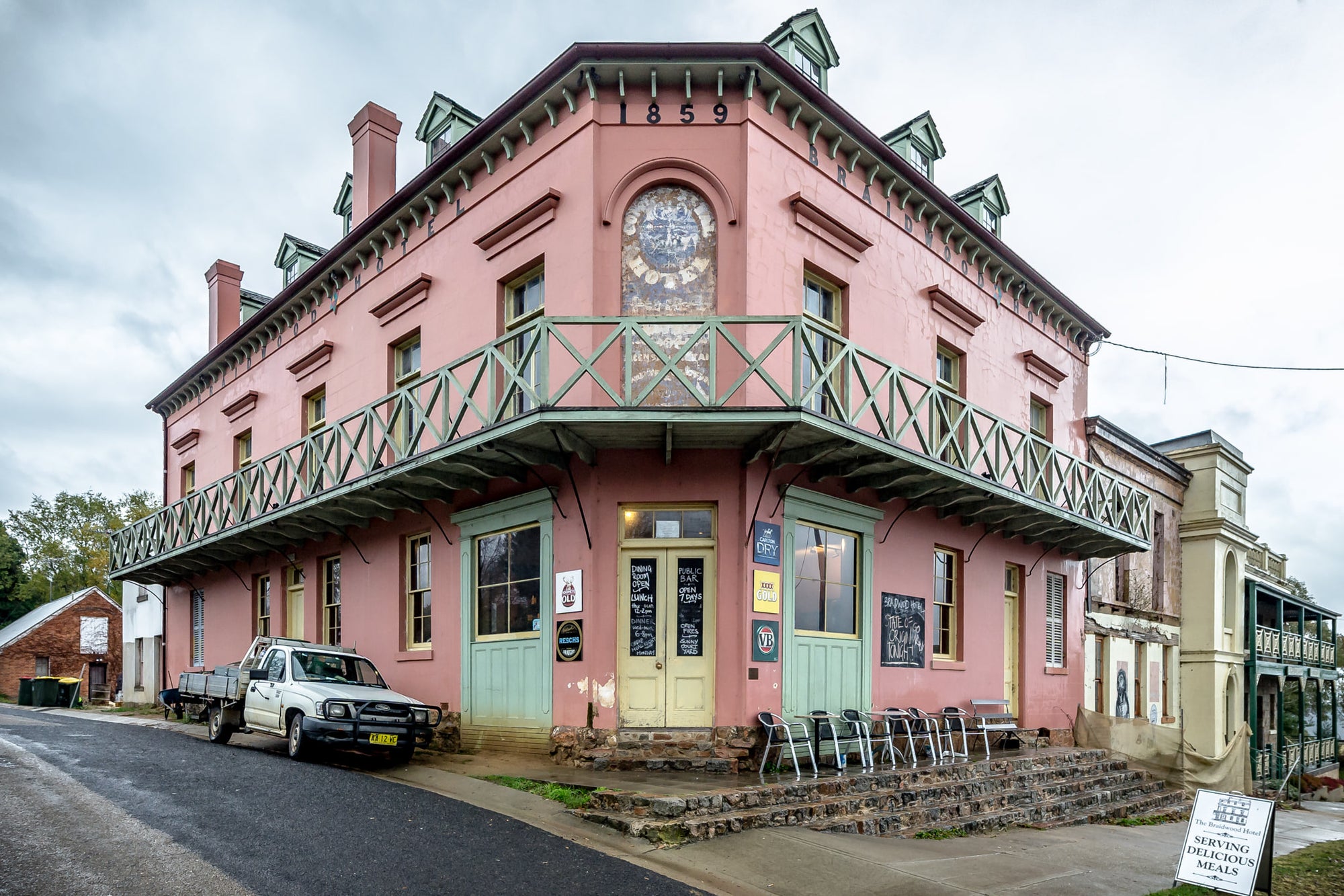 Front Corner at Braidwood Hotel, the street facing corner of Braidwood Hotel.