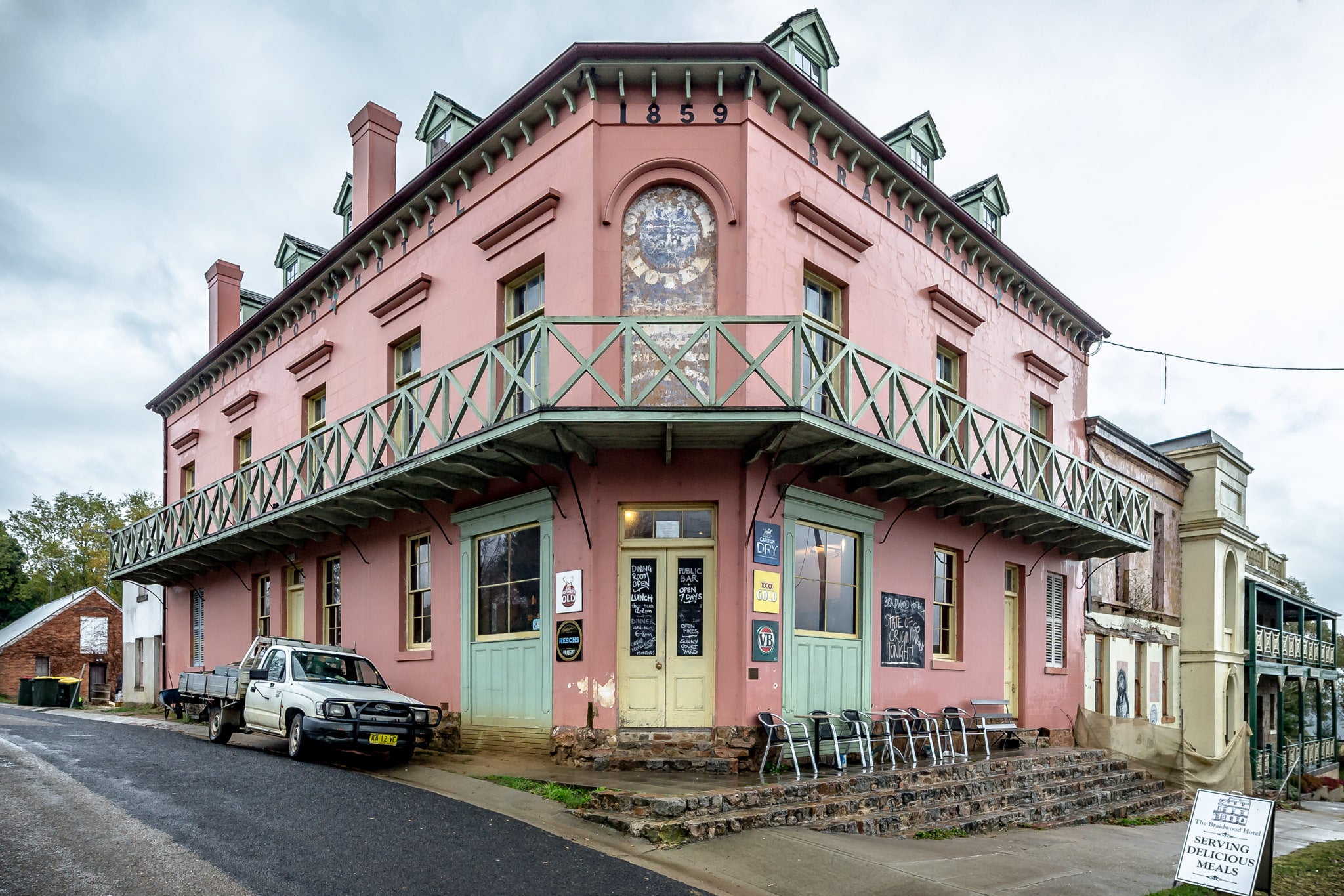 Front Corner at Braidwood Hotel, the street facing corner of Braidwood Hotel.