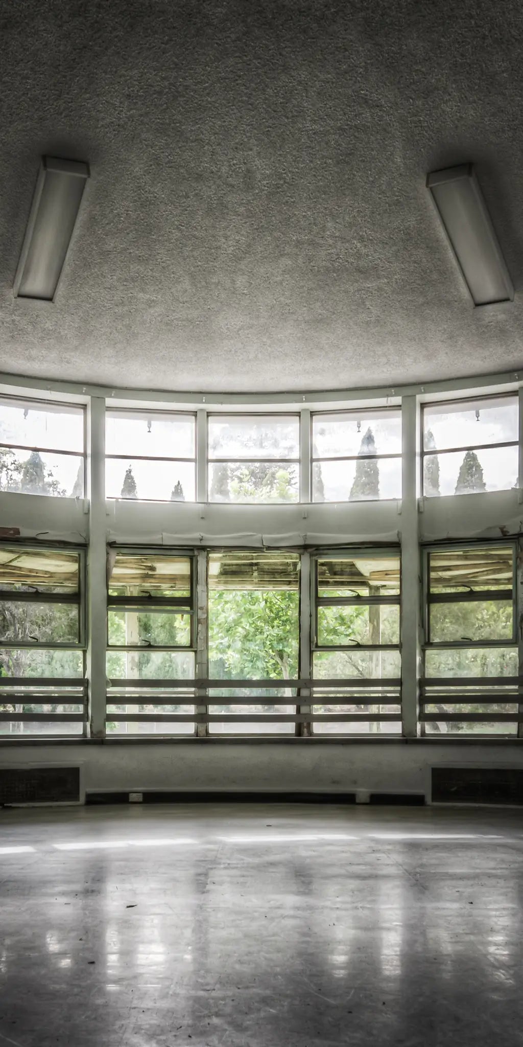 Panoramic view of the curved entertainment room at Callan Park, featuring large windows overlooking lush greenery. A historic space that embodies timeless architectural charm.