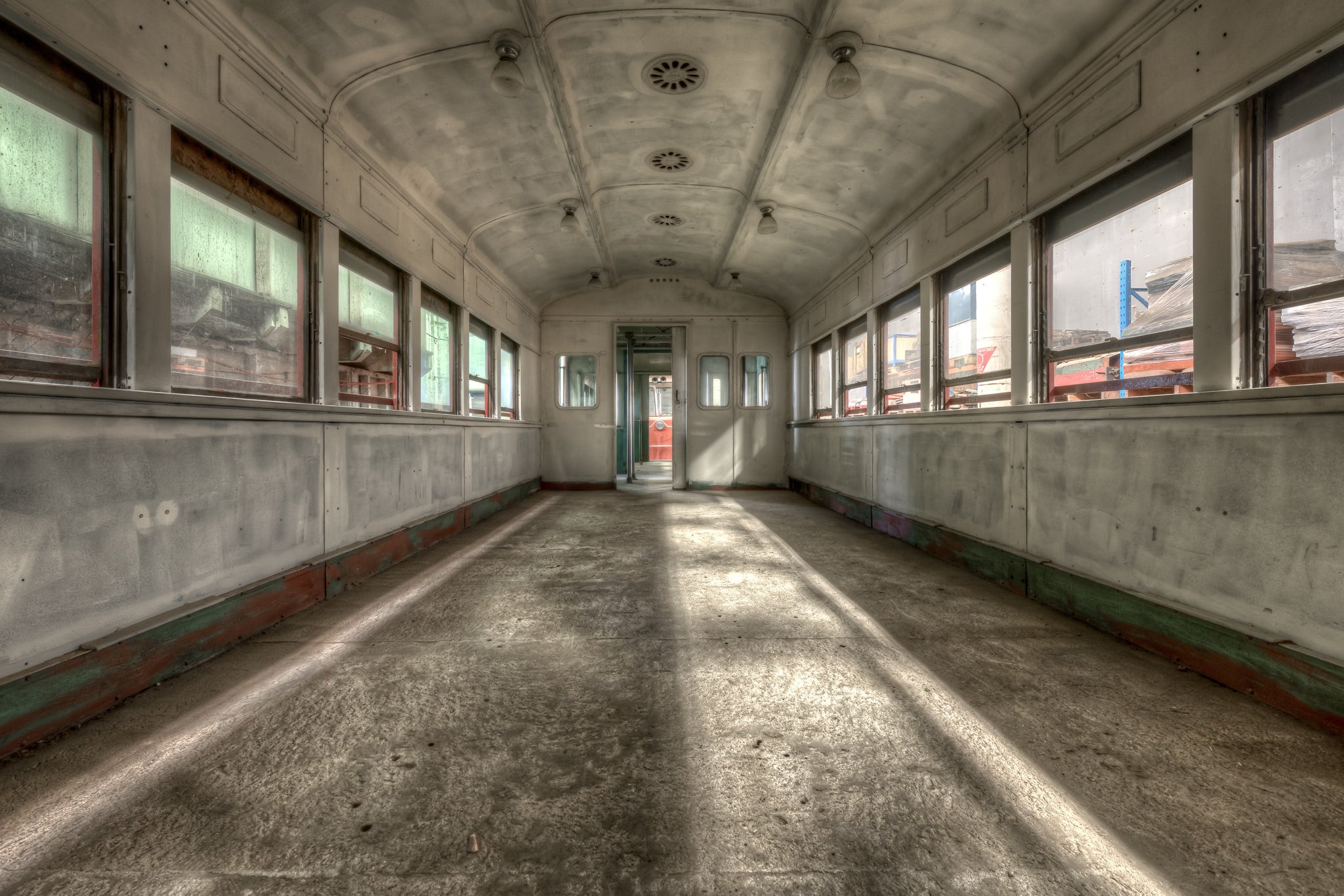 Car 4554 at Eveleigh Paint Shop, every seat has been stripped out.