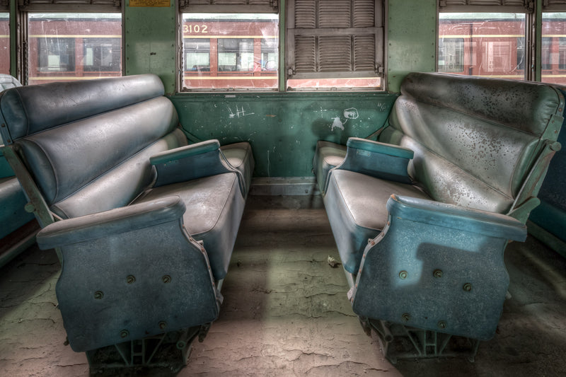 Interurban Passenger Seating at Eveleigh Paint Shop, two pairs of reversible seats face each other inside carriage 3102.