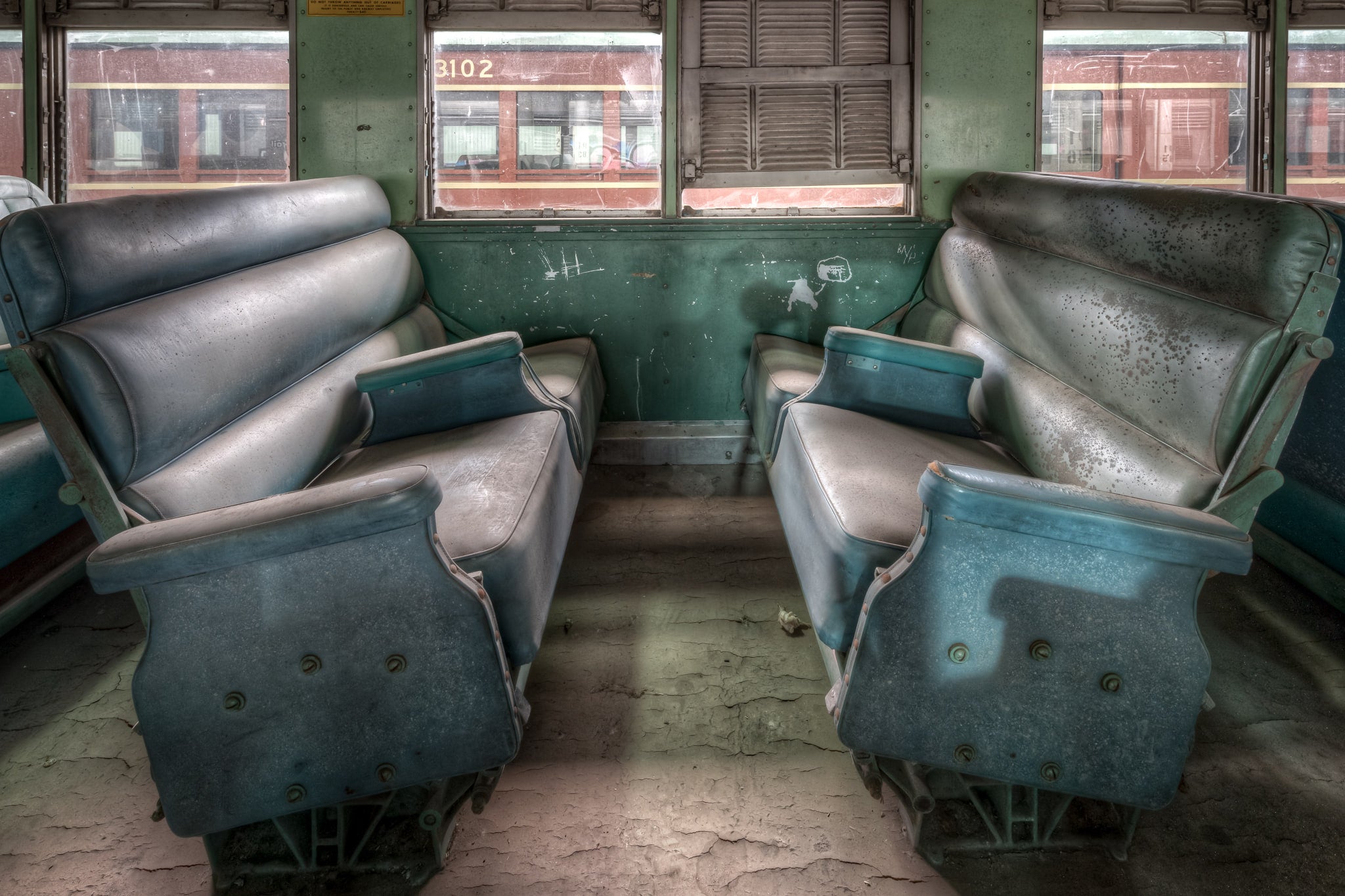 Interurban Passenger Seating at Eveleigh Paint Shop, two pairs of reversible seats face each other inside carriage 3102.