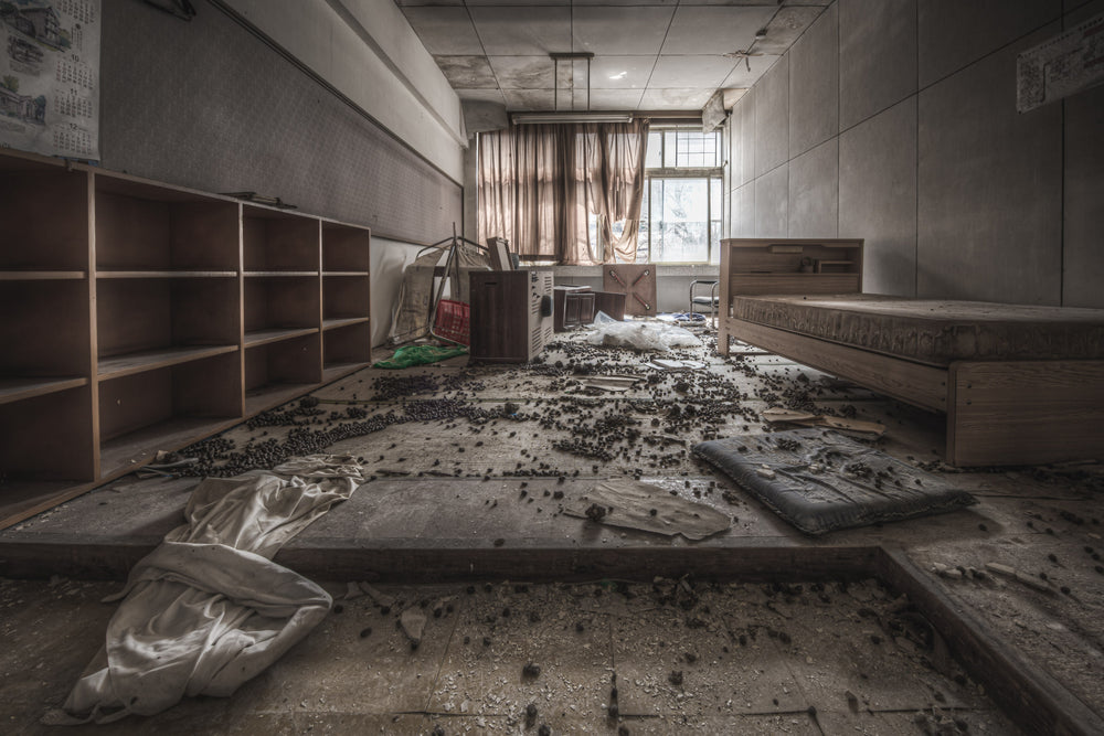 Sick Room at Family School Fureai, a bed frame sits against the far wall, its mattress pulled to the floor and covered.
