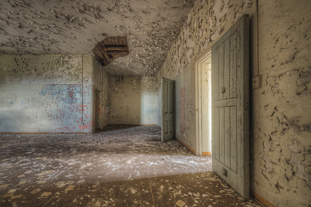 Cell Walls at Female Ward 9 & 10, paint peels from every surface in thick, curling sheets.