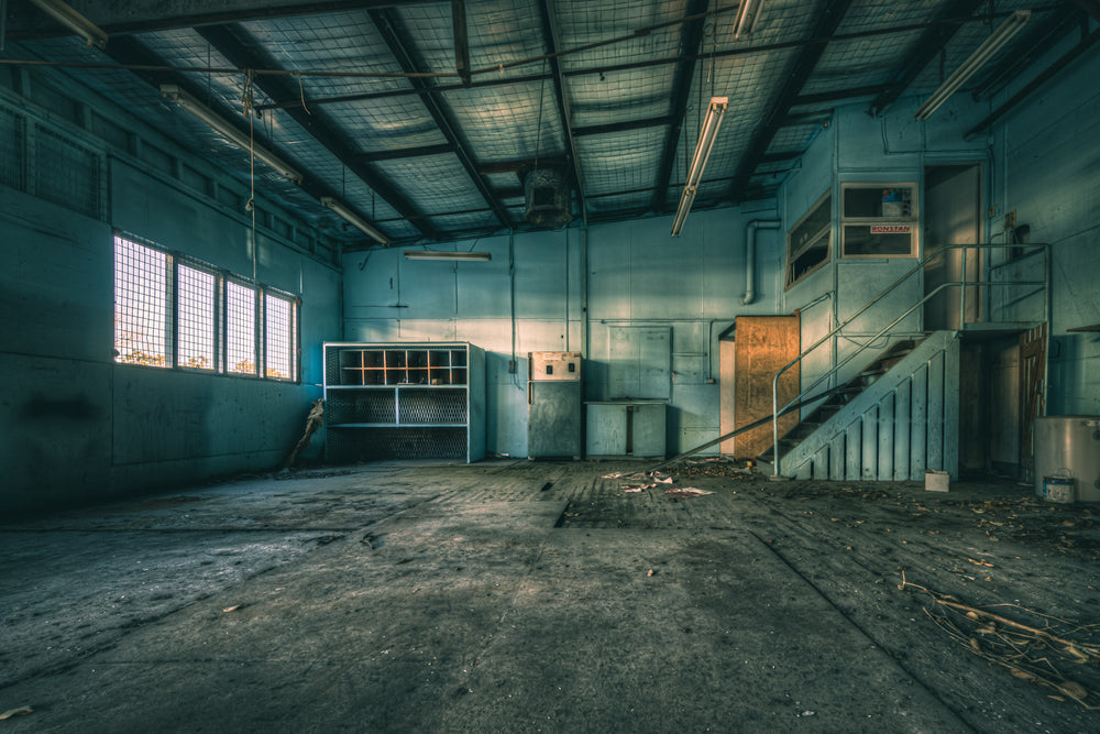 The Blue Room at Halvorsens Boat Yard, blue-green paint covers every wall and surface.