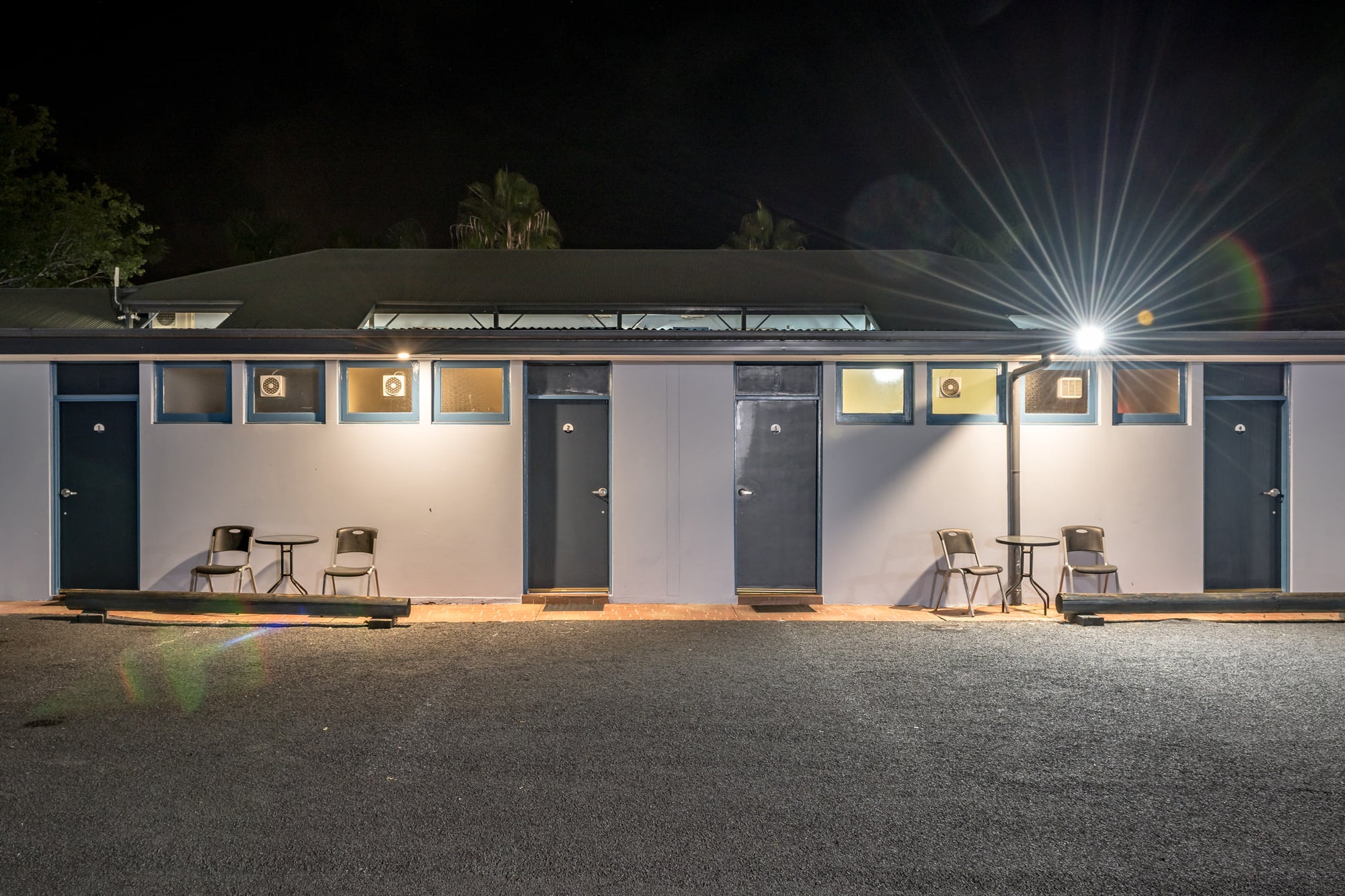 The Colonial Motel at Hotel Motel 101, a single-storey motel block sits flat against the night.