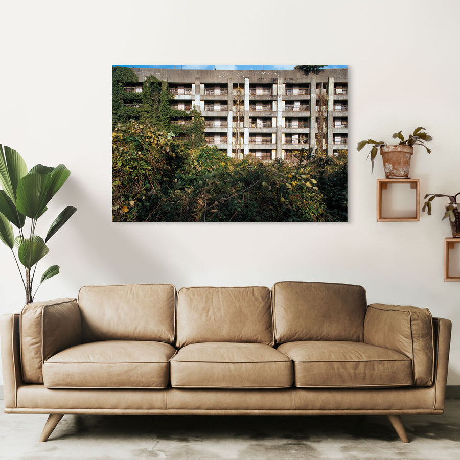 Reinforced-concrete apartment block on Ikeshima, lower storeys engulfed by green ivy and dried vines clinging to the central pillar, upper levels showing spalling and weathered balconies across five storeys.