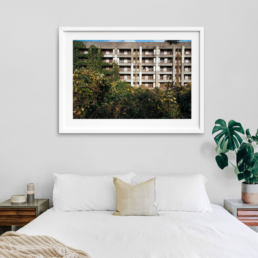 Reinforced-concrete apartment block on Ikeshima, lower storeys engulfed by green ivy and dried vines clinging to the central pillar, upper levels showing spalling and weathered balconies across five storeys.