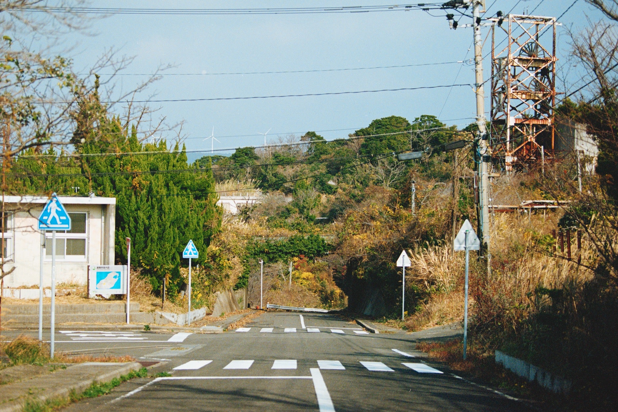 White crosswalk bars lead across asphalt toward a tunnel portal cut into a tree-covered hillside at Ikeshima, with a small guard booth and rusted lattice tower visible alongside the road.