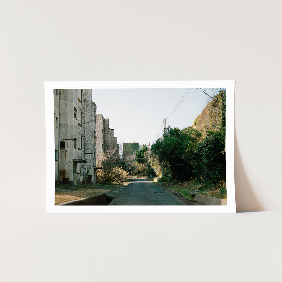 An empty asphalt road on Ikeshima runs between five abandoned reinforced-concrete apartment blocks with dry vines across their faces and a steep, heavily vegetated embankment, a single utility pole midway along the quiet street.