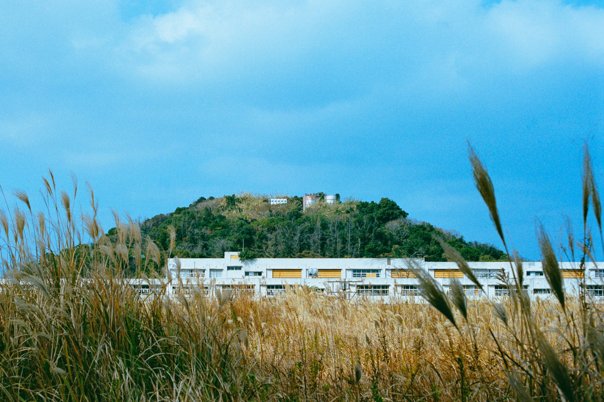 A long white reinforced-concrete apartment block at Ikeshima, its facade marked with bright yellow panels and evenly spaced windows, rising above dry golden grass with a wooded hill and two weathered summit structures behind it.