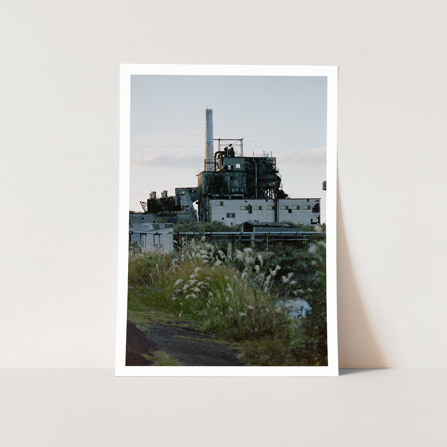 A slender white chimney and reinforced-concrete boiler house at Ikeshima, partly obscured by dense pale grasses, with a collapsed conveyor structure leading into the main block and yellowed window panes visible along the lower wall.