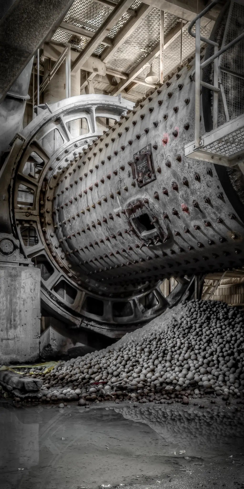 Industrial ball mill at Kandos Cement Works, showcasing the machinery used in cement production. A symbol of Australia's industrial ingenuity and heritage.