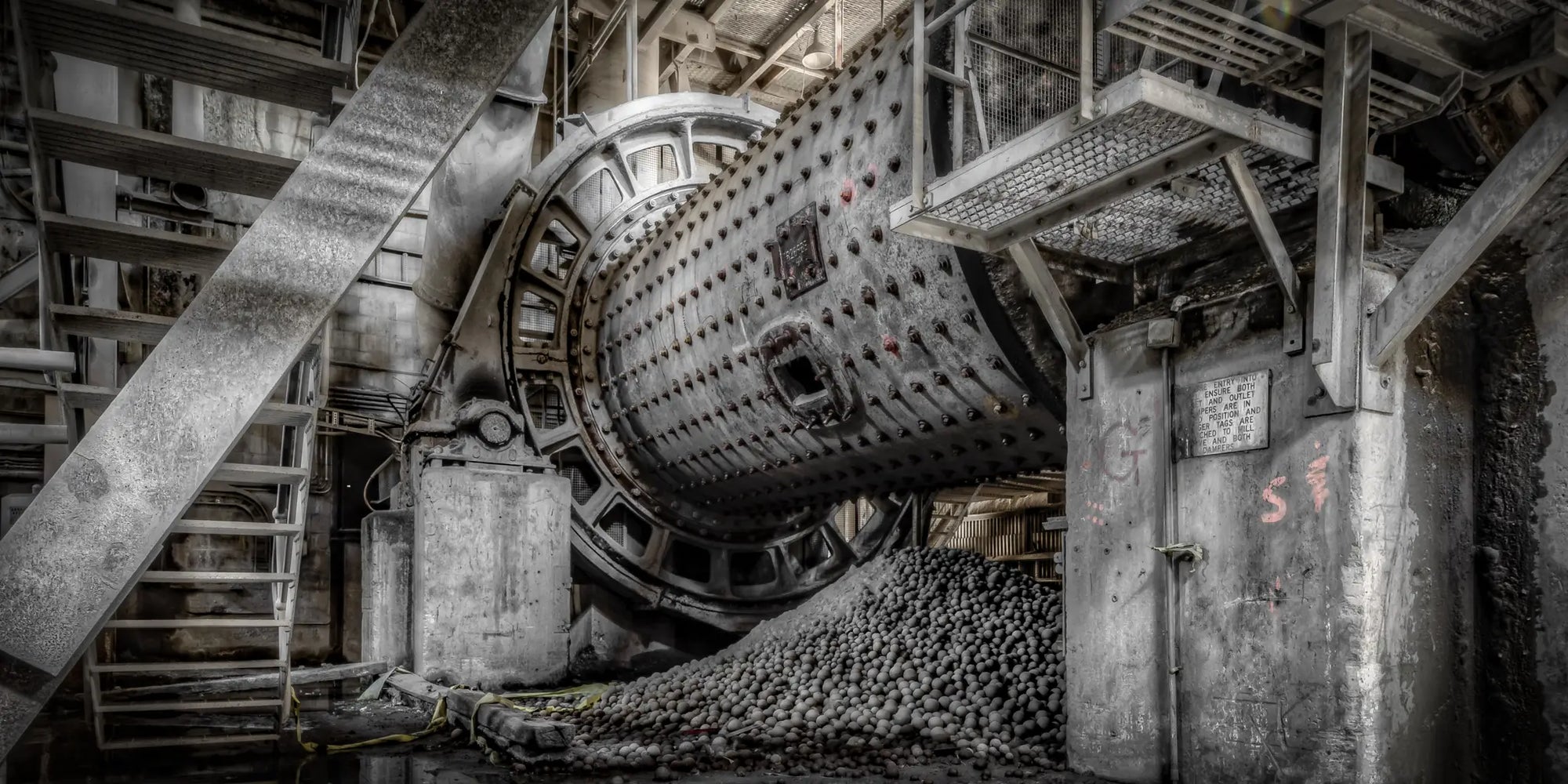 Industrial ball mill at Kandos Cement Works, showcasing the machinery used in cement production. A symbol of Australia's industrial ingenuity and heritage.