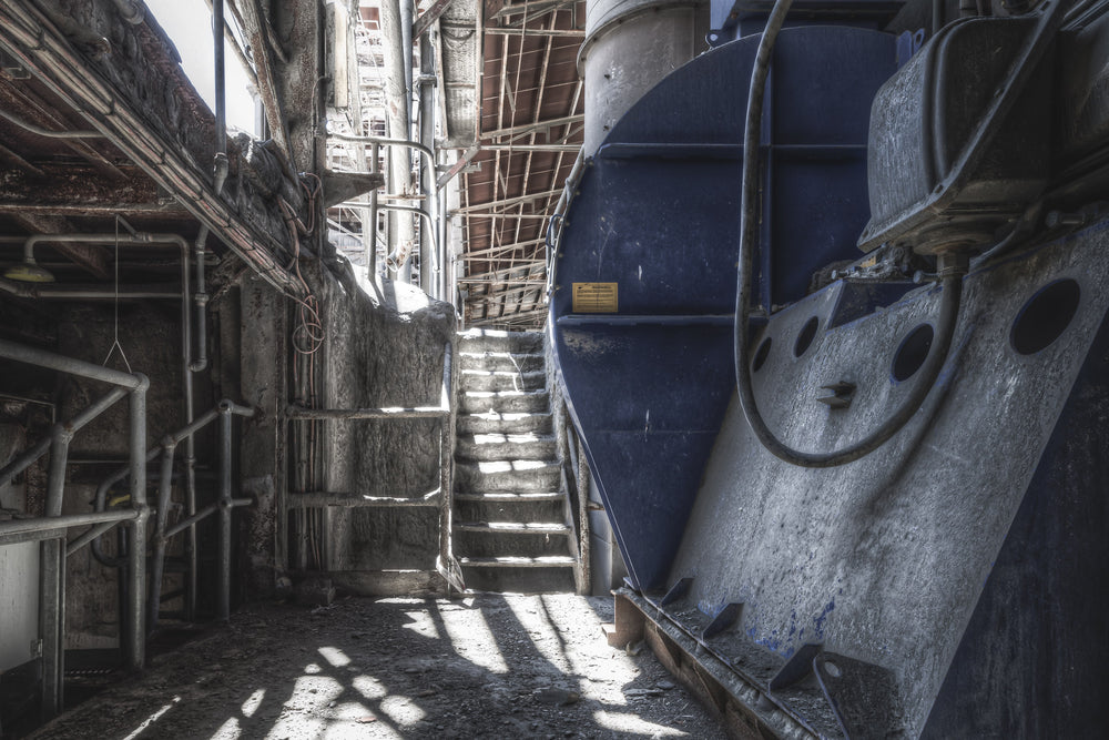 Kiln Discharge Cooler at Kandos Cement Works, a large blue cylindrical cooler dominates the right side of the frame.