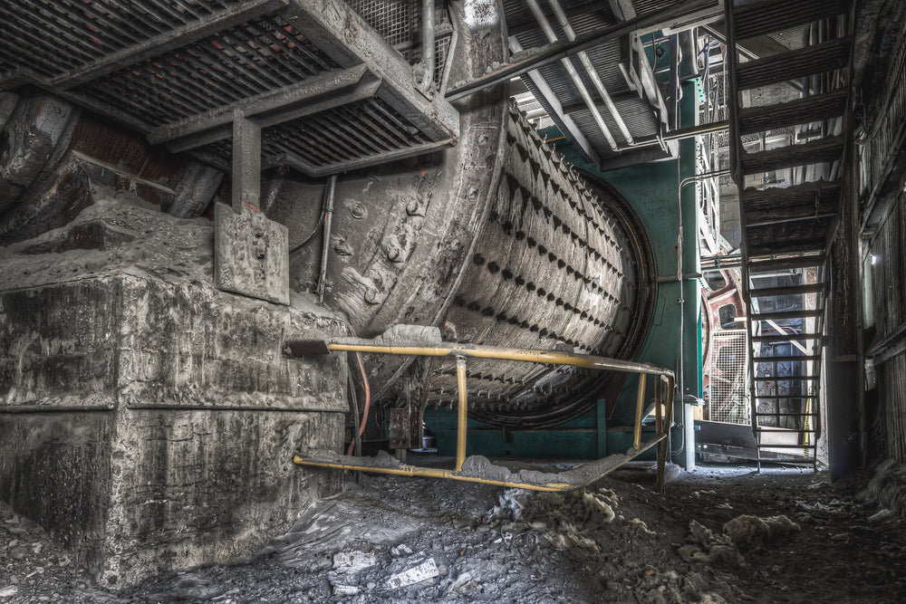 No 4 Cement Mill at Kandos Cement Works, a massive ball mill fills the ground floor, its riveted steel drum disappearing.