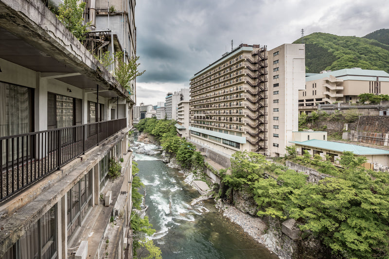 Balcony Looking Downstream at Kinugawa Kan, perched on the crumbling balcony of Kinugawa Kan, the view down the valley.