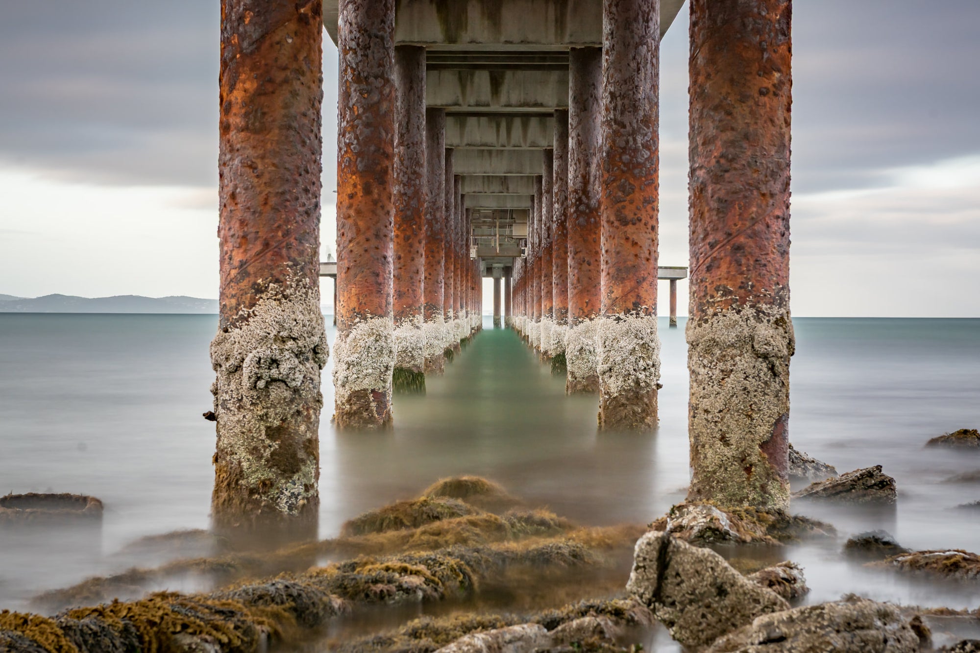 Lorne Pier at Landscapes, the barnacle-encrusted pylons of Lorne Pier extending off the shore.