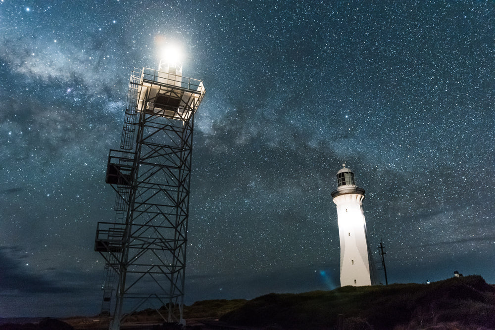 New vs Old at Landscapes, the new steel-framed light station of Green Cape with the old, decommissioned lighthouse.