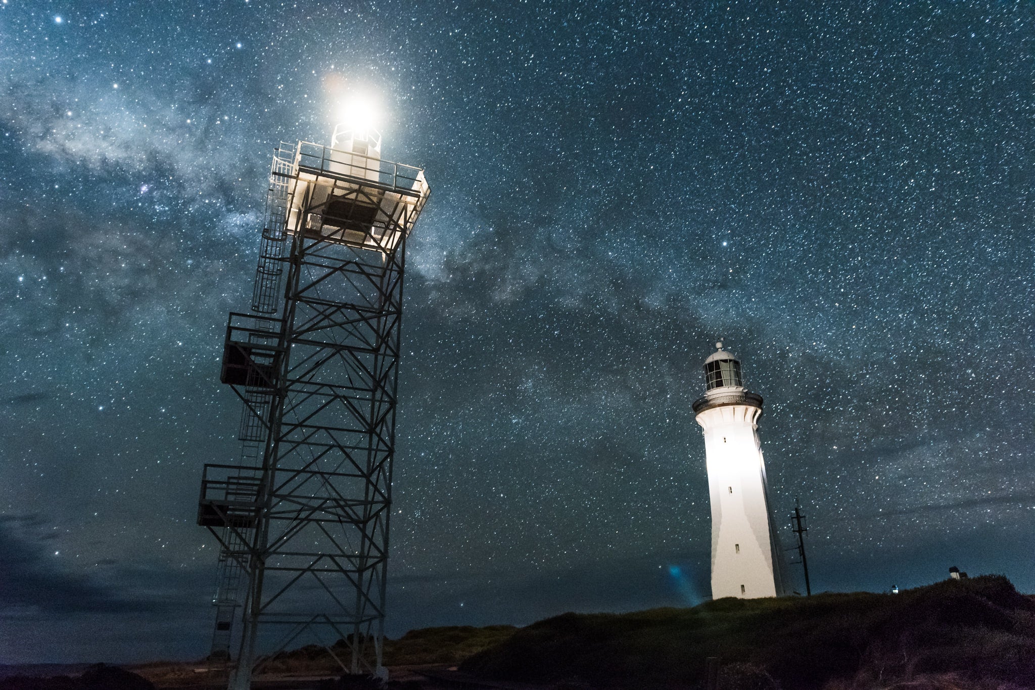 New vs Old at Landscapes, the new steel-framed light station of Green Cape with the old, decommissioned lighthouse.