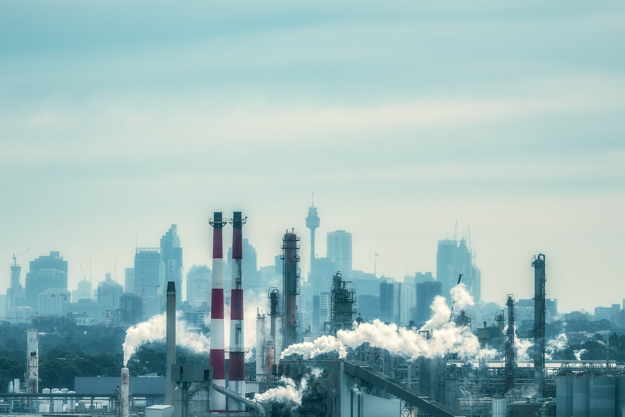 Twin Cities at Landscapes, an industrial city in front of a hazy capital city.