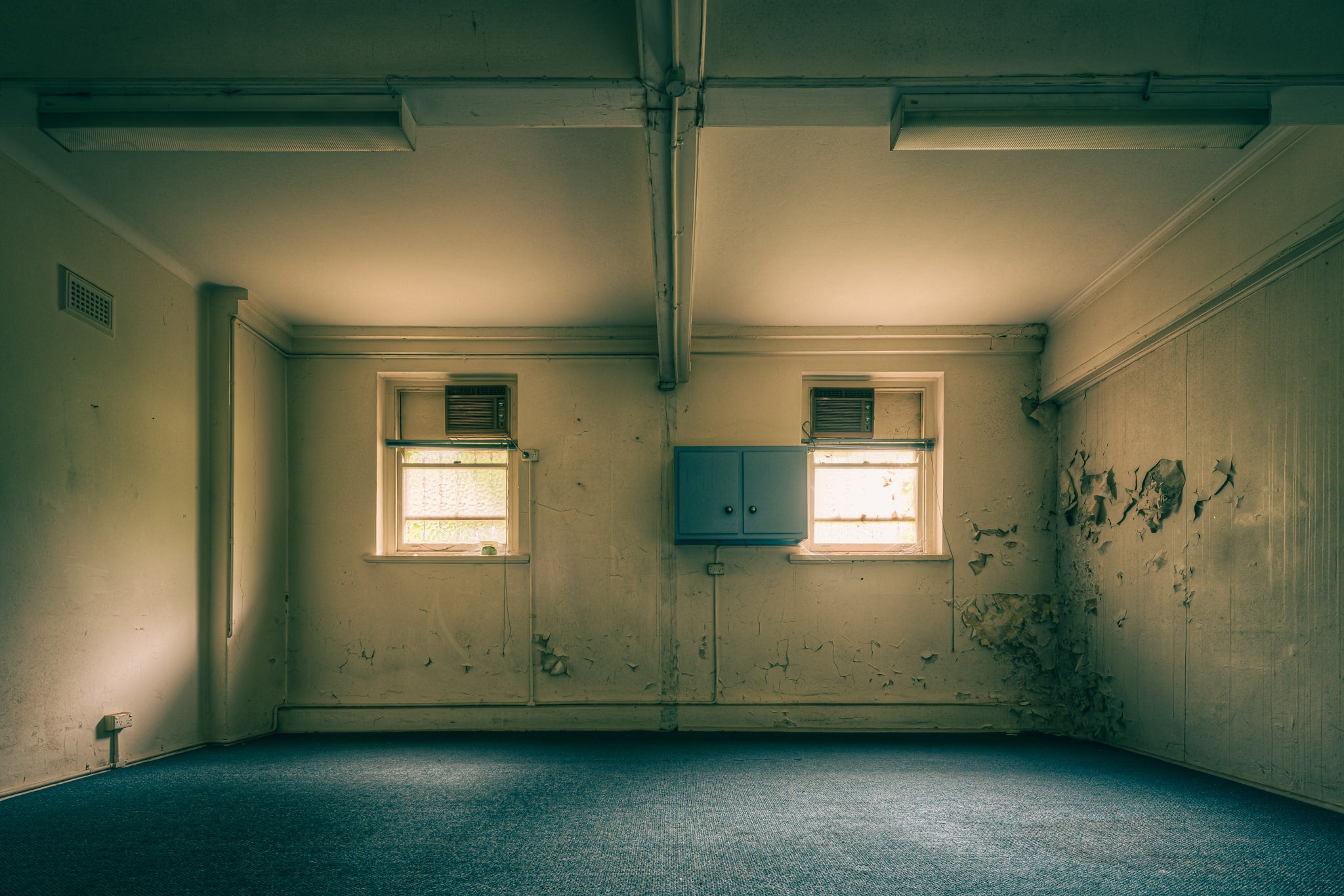Basement at Lewisham Hospital, two small windows let in a weak, diffused light.