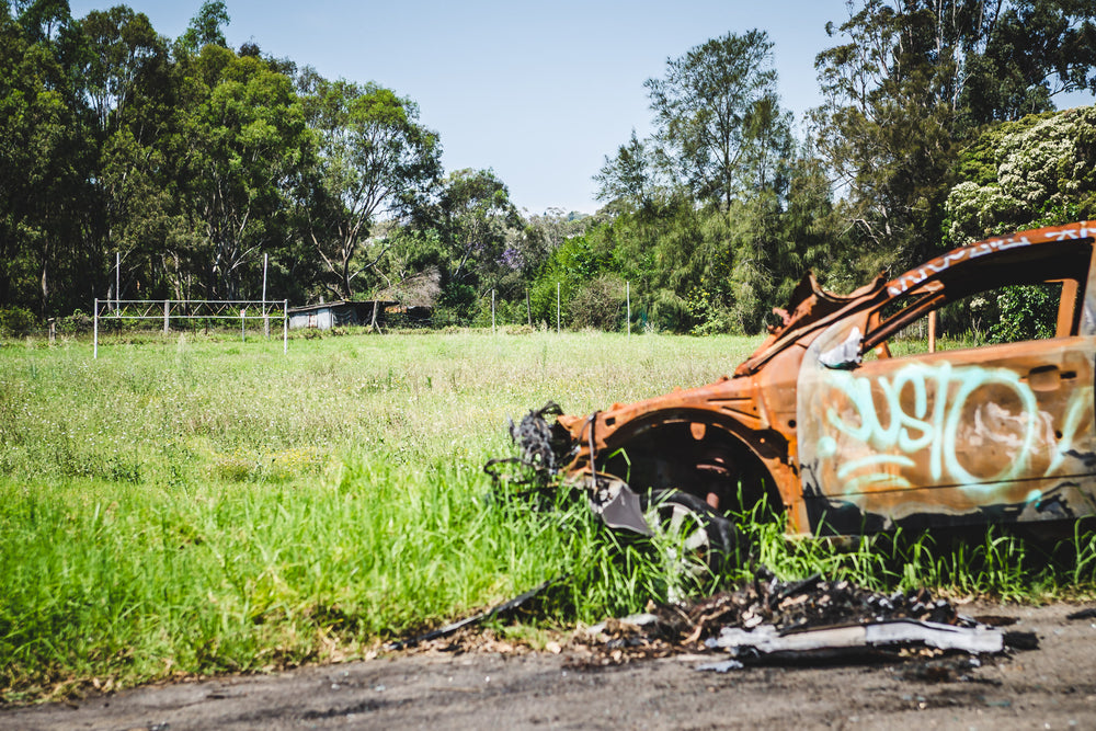 Football Field at Macquarie Boys Technology High, a burnt out car sits on the edge of the now overgrown football field.