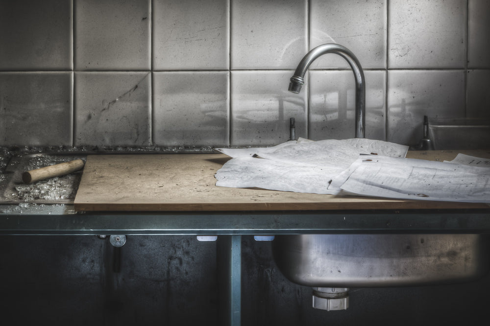 Laboratory Tap at Macquarie Boys Technology High, one of the taps in a classroom and some schoolwork over the sink.