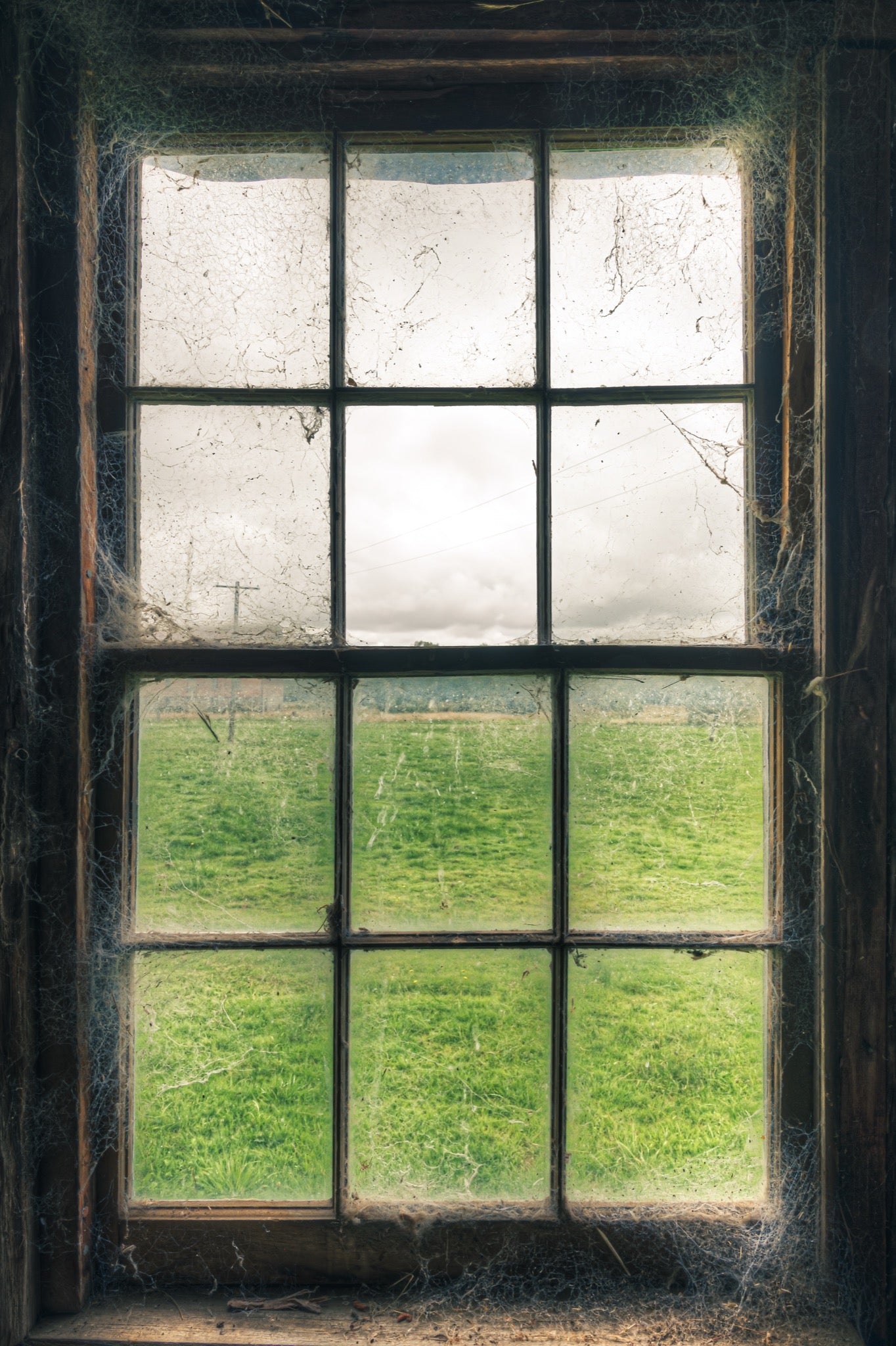 Timber sash window at Jembaicumbene, dusty panes and cobwebs framing a green paddock and overcast sky.