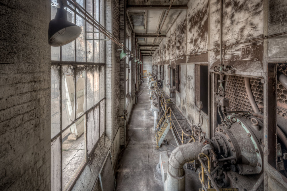 B Factory Dryers at Morwell Power Station, a narrow service corridor runs the length of B Factory's drying hall.