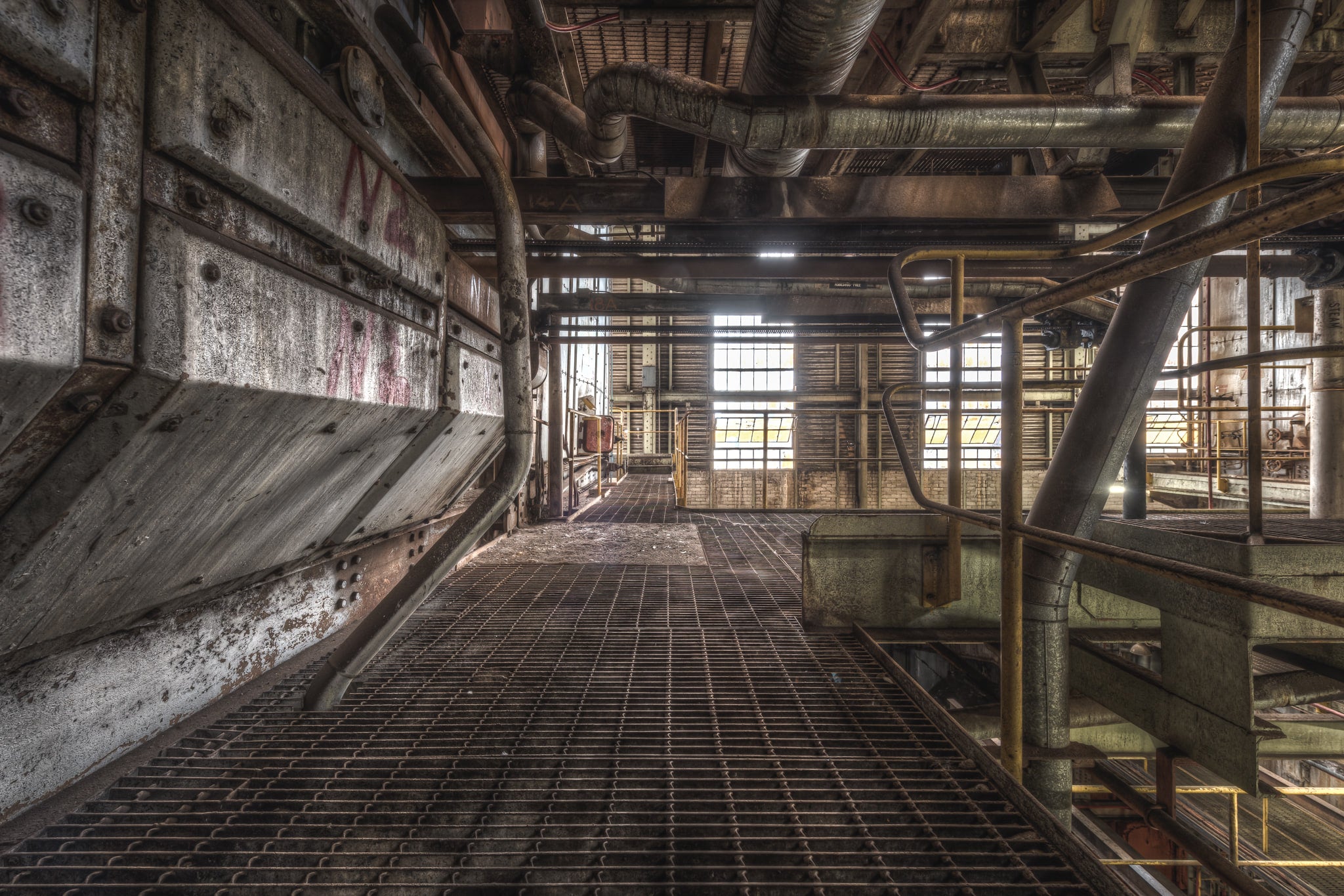Boiler House Walkway at Morwell Power Station, the grating on the walkway floor lets you see straight down into whatever's.