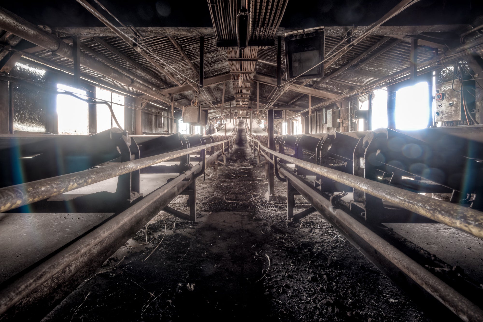 Bunker to Wet Section Conveyor at Morwell Power Station, inside the enclosed conveyor, coal dust had settled so deeply it.
