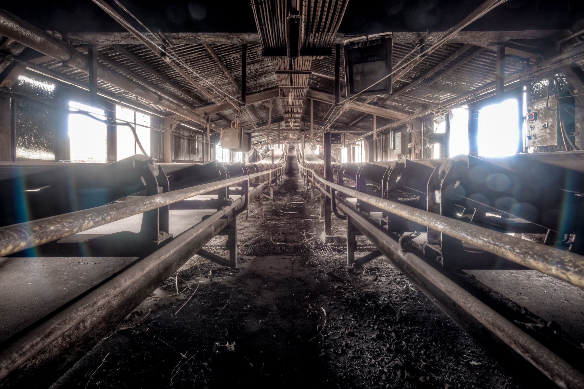 Bunker to Wet Section Conveyor at Morwell Power Station, inside the enclosed conveyor, coal dust had settled so deeply it.