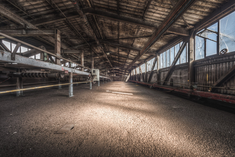 M50s at Morwell Power Station, a long covered conveyor gallery stretches into the distance, its timber-lined roof darkened.